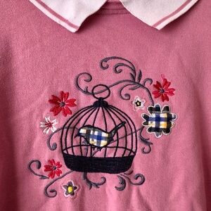 Vintage Cotton Embroidered Bird Sweatshirt With Collar
